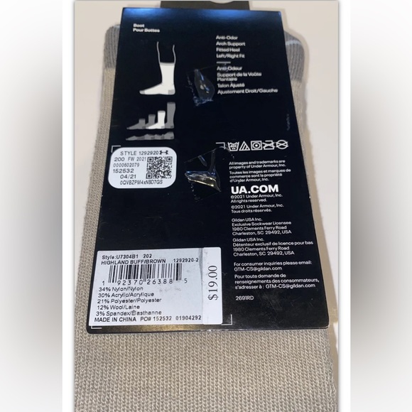 UA Under Armour Hitch Rugged Boot Crew Socks 1 Pair Men 4-8 Wmn 6-9 Brown w Logo - Picture 3 of 12